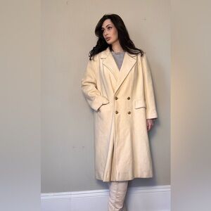 Vintage 80% Wool Long Cream Coat | Made in USA | Double Breasted Old Money Chic